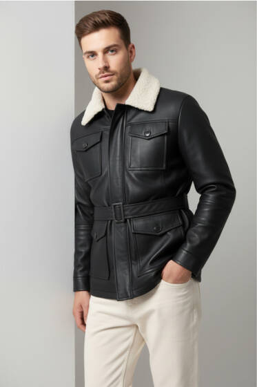 Kemerli Cepli Erkek Deri Ceket Siyah - Erkek Ceket