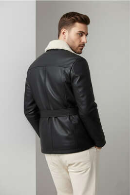 Kemerli Cepli Erkek Deri Ceket Siyah - Erkek Ceket