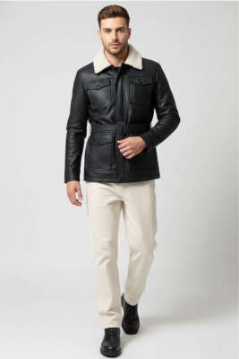 Kemerli Cepli Erkek Deri Ceket Siyah - Erkek Ceket
