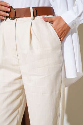 Kemerli Cepli Keten Pantolon Bej - Pantolon