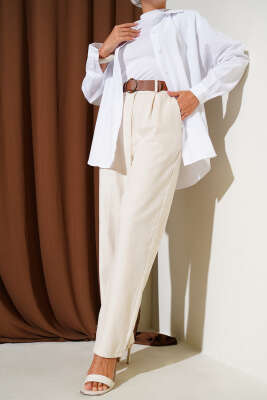 Kemerli Cepli Keten Pantolon Bej - Yılın Fırsatı