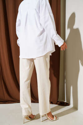 Kemerli Cepli Keten Pantolon Bej - Yılın Fırsatı