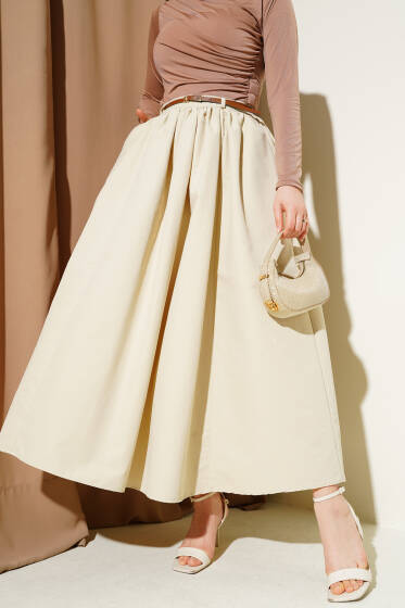 Kemerli Cepli Kloş Etek Bej - Etek