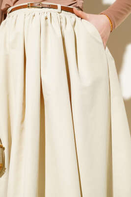 Kemerli Cepli Kloş Etek Bej - Uzun Etek