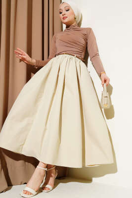 Kemerli Cepli Kloş Etek Bej - Uzun Etek