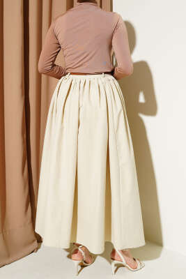 Kemerli Cepli Kloş Etek Bej - Uzun Etek