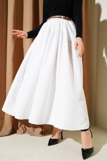 Kemerli Cepli Kloş Etek Beyaz - Uzun Etek
