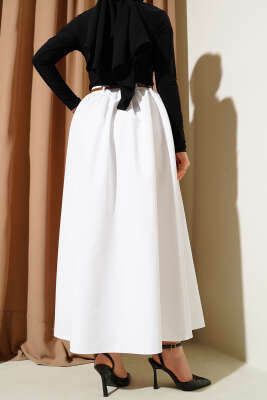 Kemerli Cepli Kloş Etek Beyaz - Uzun Etek