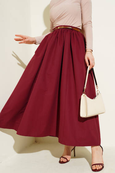 Kemerli Cepli Kloş Etek Bordo - Etek