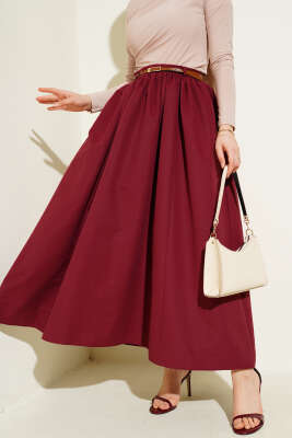 Kemerli Cepli Kloş Etek Bordo 