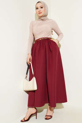 Kemerli Cepli Kloş Etek Bordo - Uzun Etek