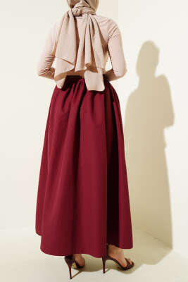 Kemerli Cepli Kloş Etek Bordo - Uzun Etek