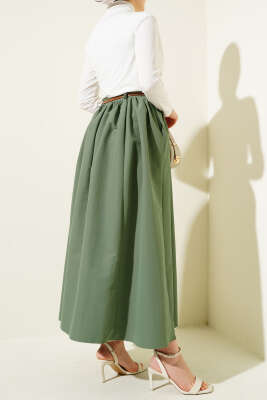 Kemerli Cepli Kloş Etek Çağla Yeşili - Uzun Etek