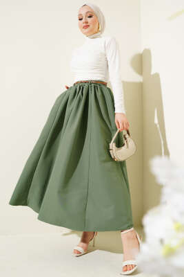 Kemerli Cepli Kloş Etek Çağla Yeşili - Uzun Etek