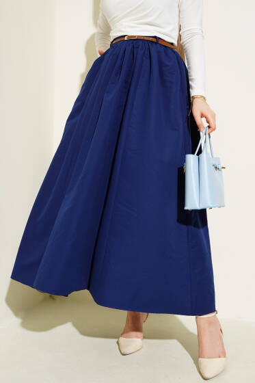 Kemerli Cepli Kloş Etek Lacivert - Etek