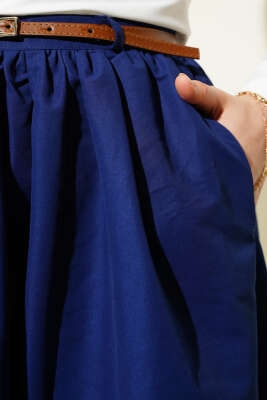 Kemerli Cepli Kloş Etek Lacivert - Uzun Etek