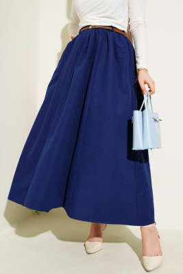 Kemerli Cepli Kloş Etek Lacivert 