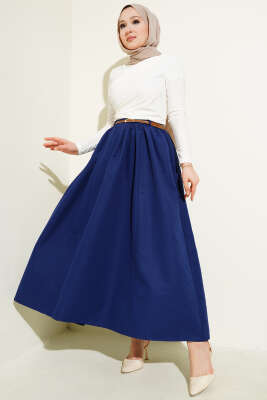 Kemerli Cepli Kloş Etek Lacivert - Uzun Etek