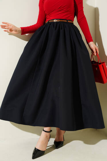 Kemerli Cepli Kloş Etek Siyah - Uzun Etek