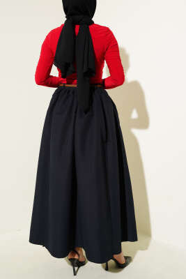 Kemerli Cepli Kloş Etek Siyah - Uzun Etek