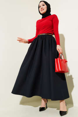 Kemerli Cepli Kloş Etek Siyah - Uzun Etek