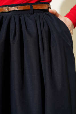 Kemerli Cepli Kloş Etek Siyah - Uzun Etek