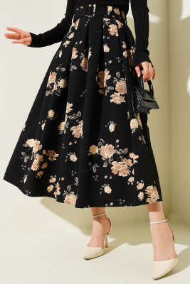 Kemerli Çiçek Desenli Etek Bej