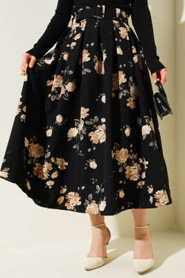 Kemerli Çiçek Desenli Etek Bej - Uzun Etek