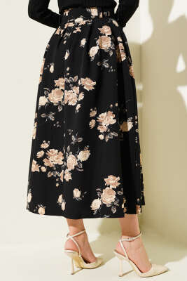 Kemerli Çiçek Desenli Etek Bej - Uzun Etek