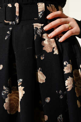 Kemerli Çiçek Desenli Etek Bej - Uzun Etek