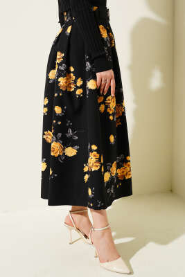 Kemerli Çiçek Desenli Etek Hardal - Uzun Etek