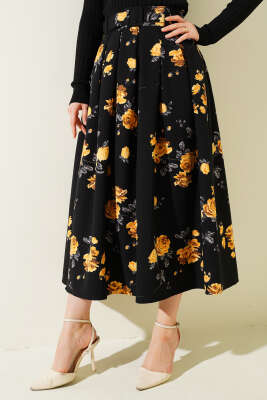 Kemerli Çiçek Desenli Etek Hardal - Uzun Etek
