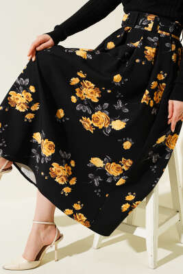 Kemerli Çiçek Desenli Etek Hardal 