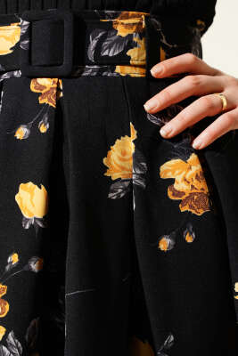 Kemerli Çiçek Desenli Etek Hardal - Uzun Etek