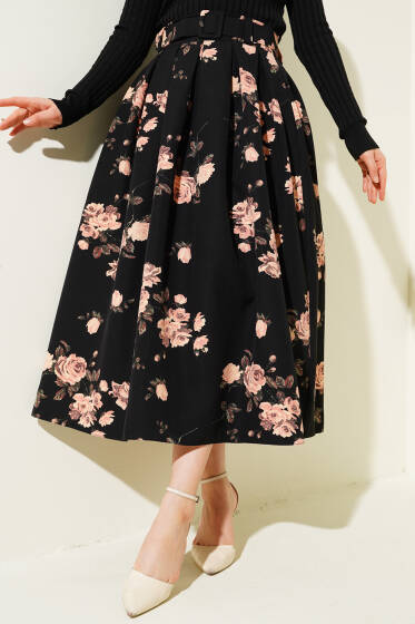 Kemerli Çiçek Desenli Etek Pudra - Etek