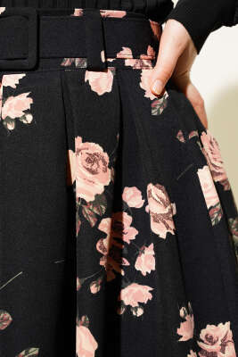 Kemerli Çiçek Desenli Etek Pudra - Uzun Etek