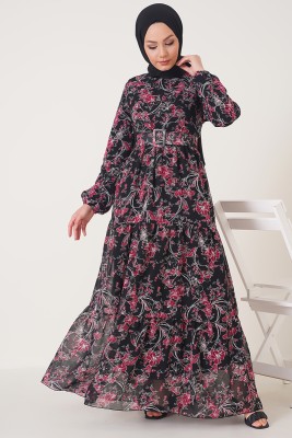 Kemerli Çiçek Desenli Siyah Şifon Elbise - Thumbnail