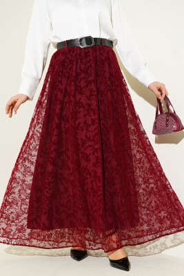 Kemerli Çiçek Tüllü Kloş Etek Bordo - VAV TEKSTİL