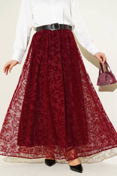 Kemerli Çiçek Tüllü Kloş Etek Bordo - Etek