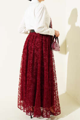 Kemerli Çiçek Tüllü Kloş Etek Bordo - Etek