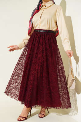 Kemerli Çiçekli Kloş Tül Etek Bordo - FİXAY