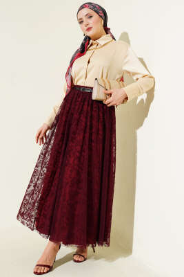 Kemerli Çiçekli Kloş Tül Etek Bordo - Bayram Kombinleri