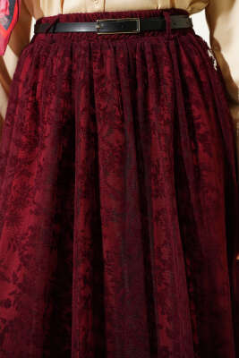 Kemerli Çiçekli Kloş Tül Etek Bordo - Bayram Kombinleri