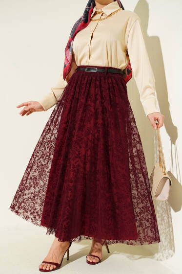 Kemerli Çiçekli Kloş Tül Etek Bordo - Etek