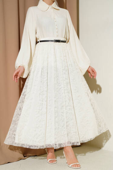 Kemerli Çiçekli Kloş Tül Etek Ekru - Bayram Kombinleri