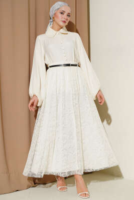 Kemerli Çiçekli Kloş Tül Etek Ekru - Bayram Kombinleri