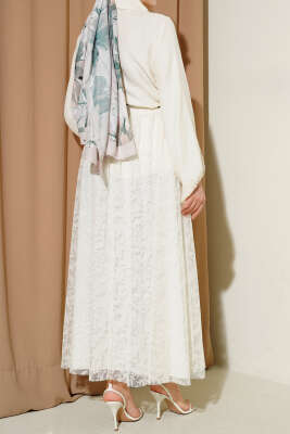 Kemerli Çiçekli Kloş Tül Etek Ekru - Bayram Kombinleri