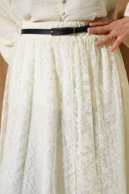 Kemerli Çiçekli Kloş Tül Etek Ekru - Bayram Kombinleri