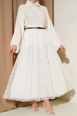 Kemerli Çiçekli Kloş Tül Etek Ekru - FİXAY