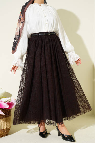 Kemerli Çiçekli Kloş Tül Etek Kahve - Bayram Kombinleri